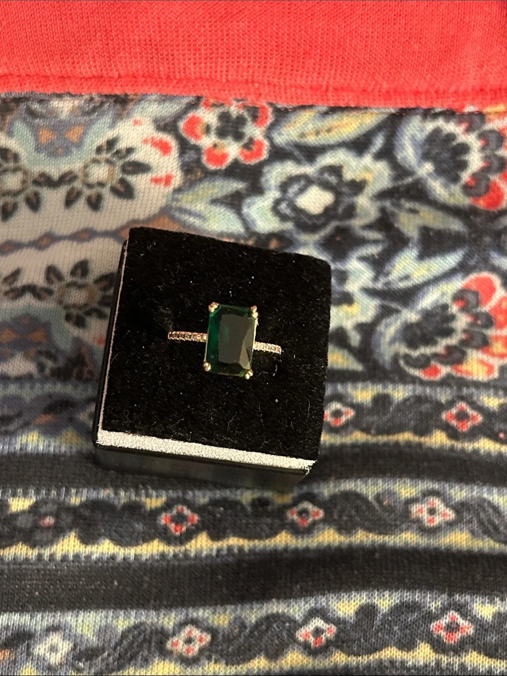 Rivka Friedman 18 k gold clad Ring with Emerald Green Rectangular Stone